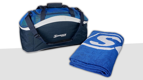 Sporttas en XXL-badhanddoek van Schrack Technik